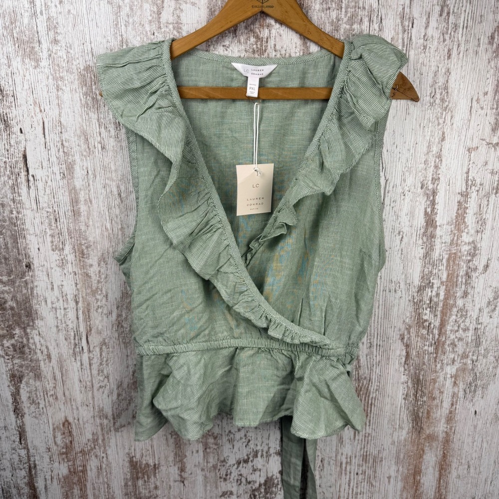 LC Lauren Conrad Petite Green White Striped Ruffle Wrap Peplum Top PXL NWT
